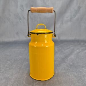 Enamel Milk Can Jar Container Yellow Wooden Handle Vintage Made In Poland